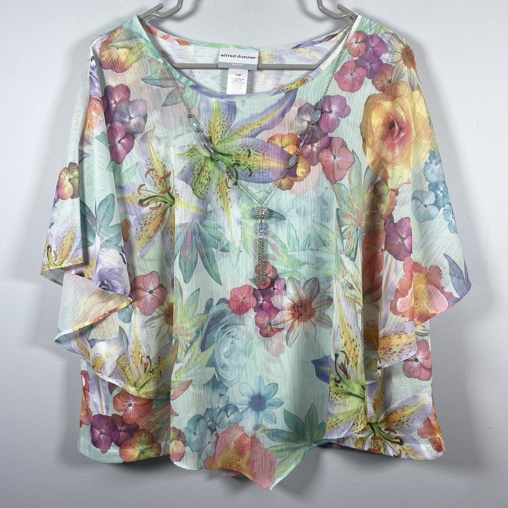 Alfred Dunner Women's 12‎ Petite 12P Floral Overlay Top Necklace Spring Easter